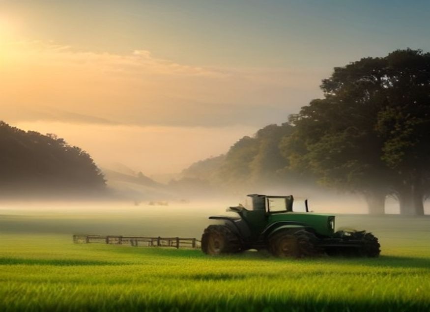 Vintage tractor in misty autumn meadow at dawn