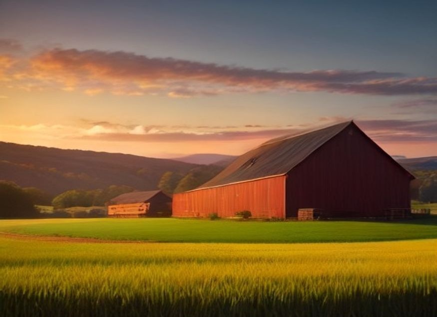 Golden-hour red barn in NW Pennsylvania farmland